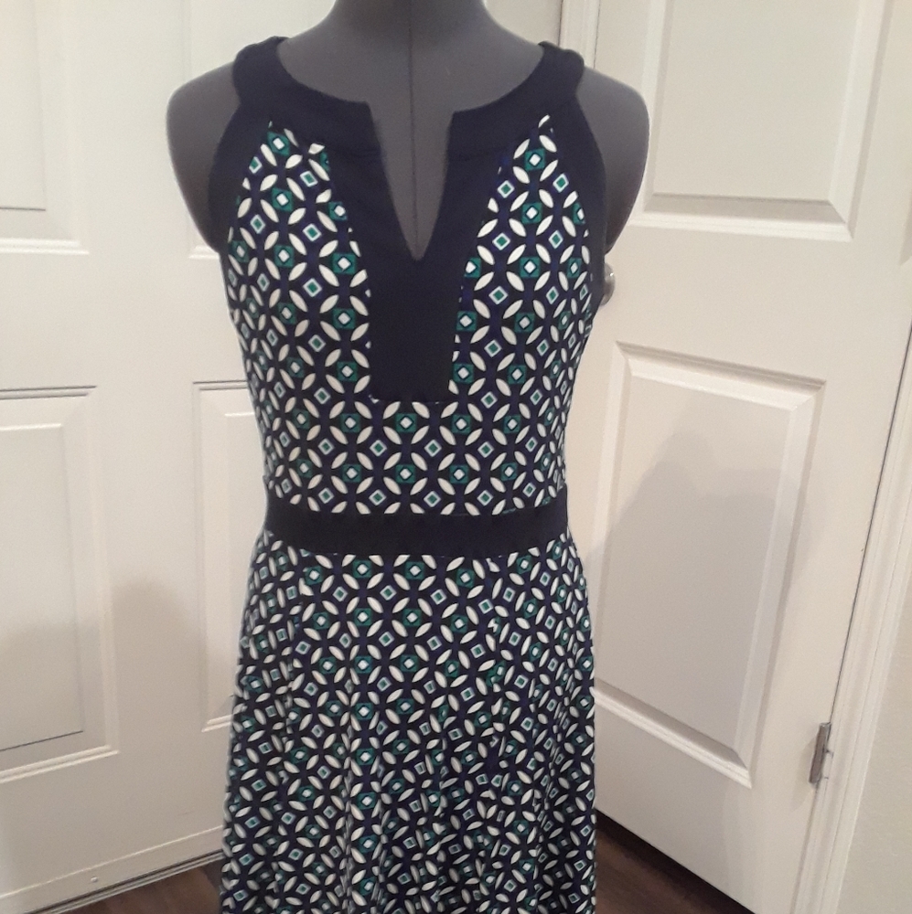 Patterned Sleeveless V-Neck Blue Dress